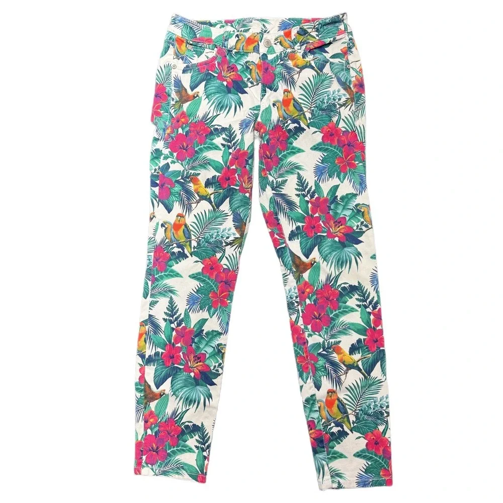 Tommy Bahama Skinny Floral Parrot Print Pants Bright White Size 4 - Picture 1 of 9